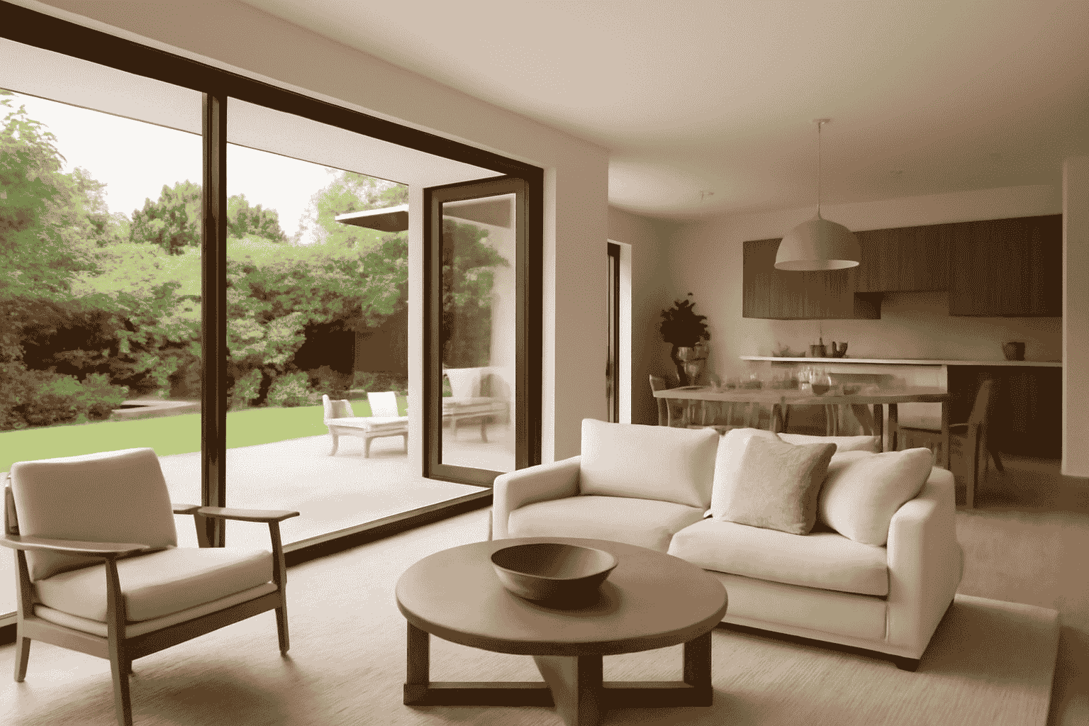 Open-concept design, neutral colours, living room, wooden accents, large sliding doors