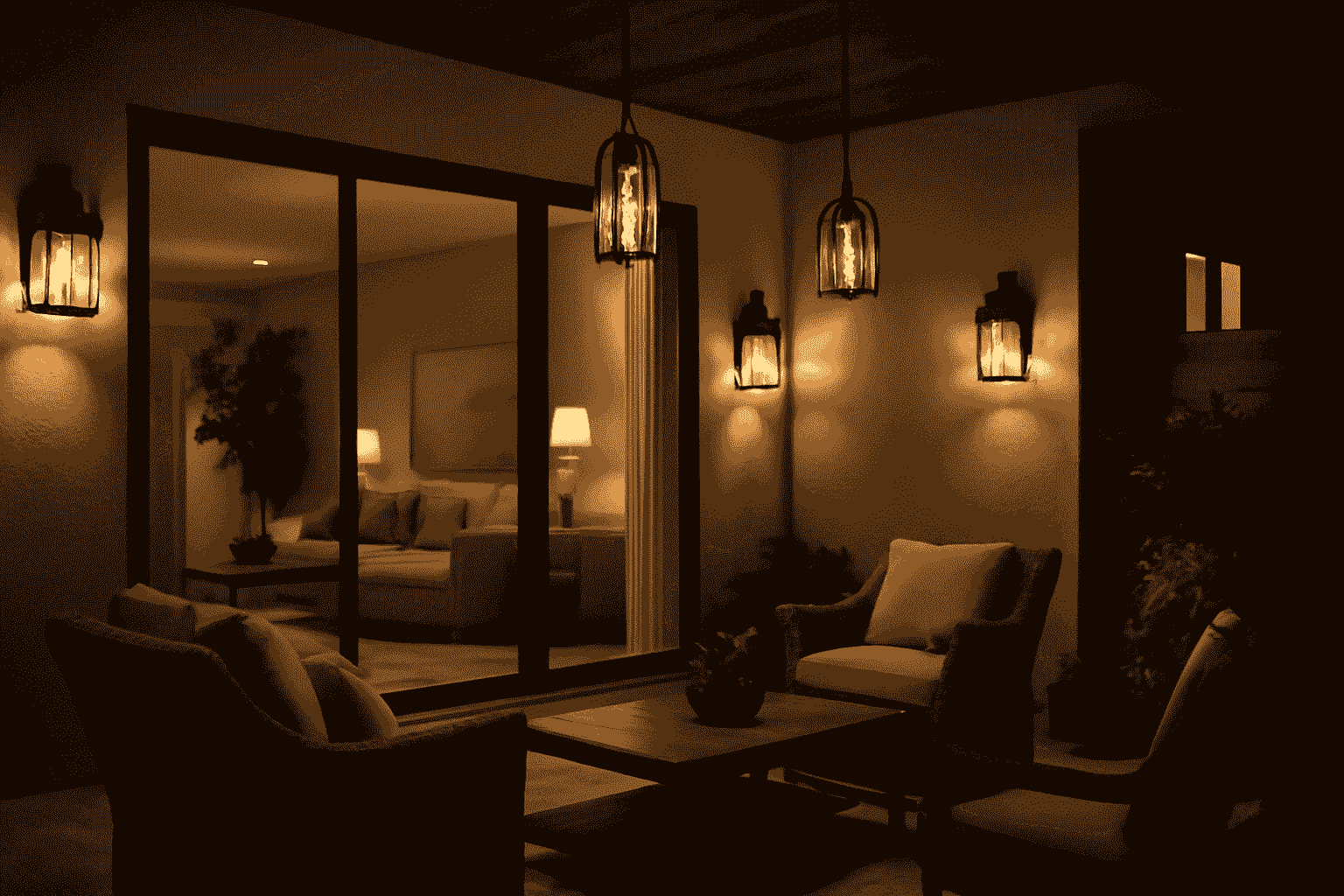 Cosy transitional design; indoor-outdoor living space; neutral tones, wicker furniture; pendant lights