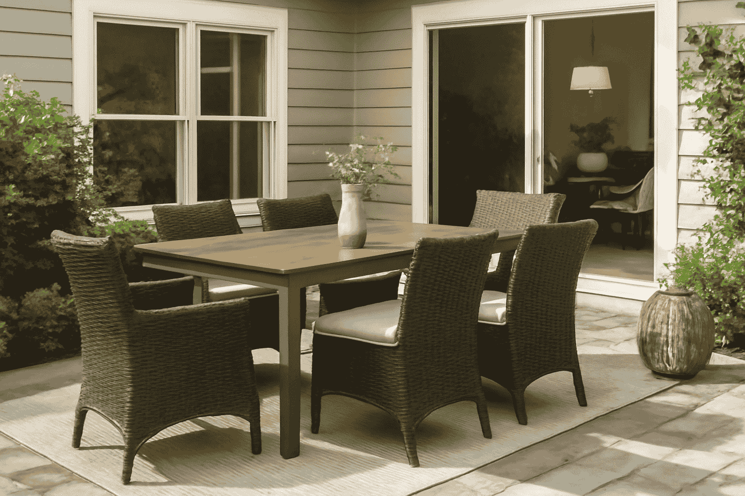 Outdoor dining space design with wicker chairs, wooden table, beige tones, and a lantern