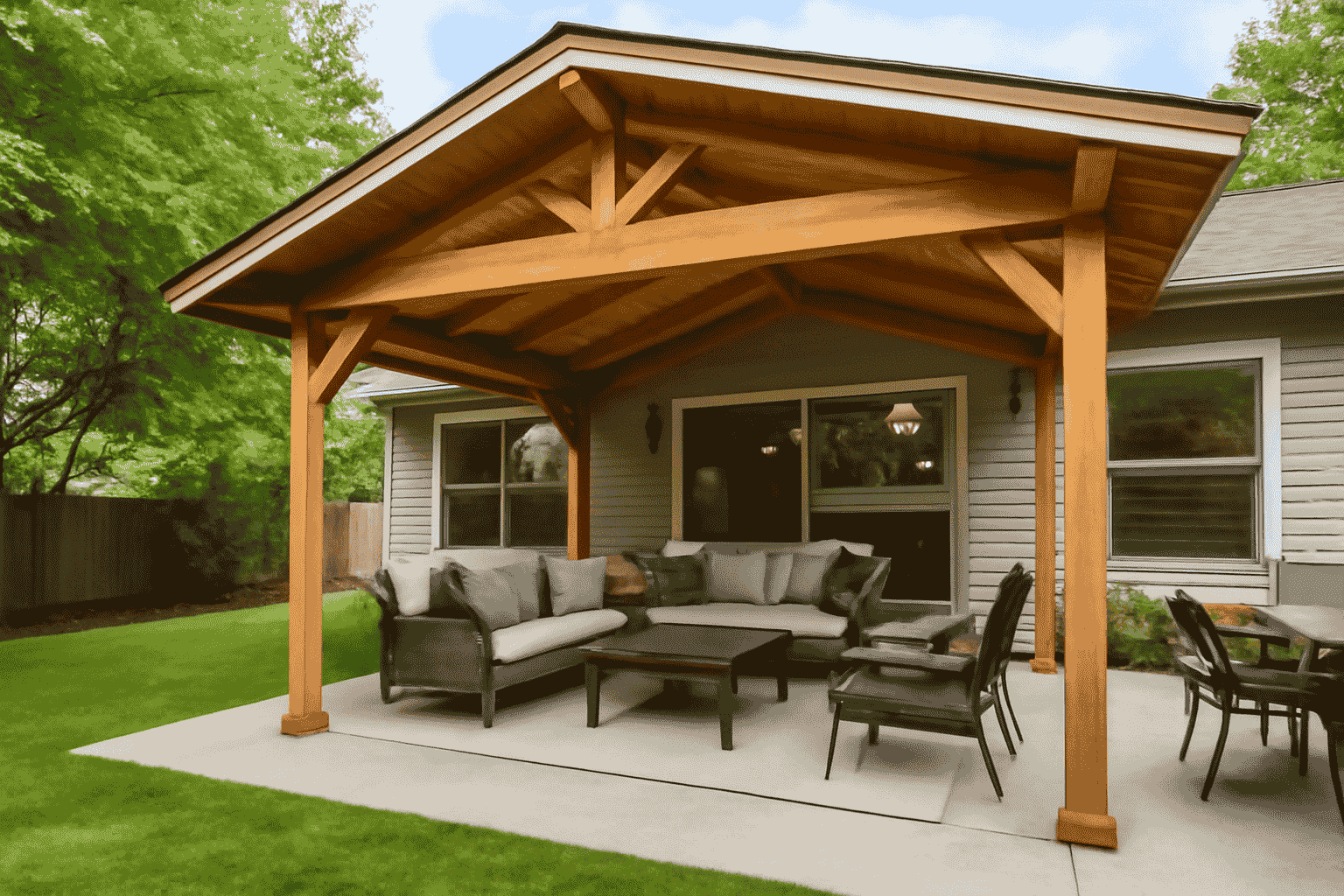 A covered patio design with modern seating, neutral tones, and natural wood highlights. The space is perfect for relaxation and outdoor dining.