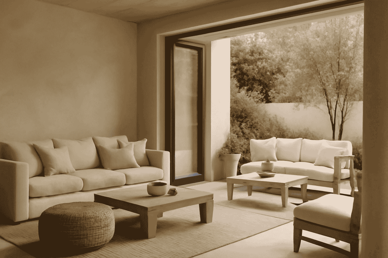 A monochromatic style with neutral tones, an indoor-outdoor living space, natural wood furniture, and earthy accessories