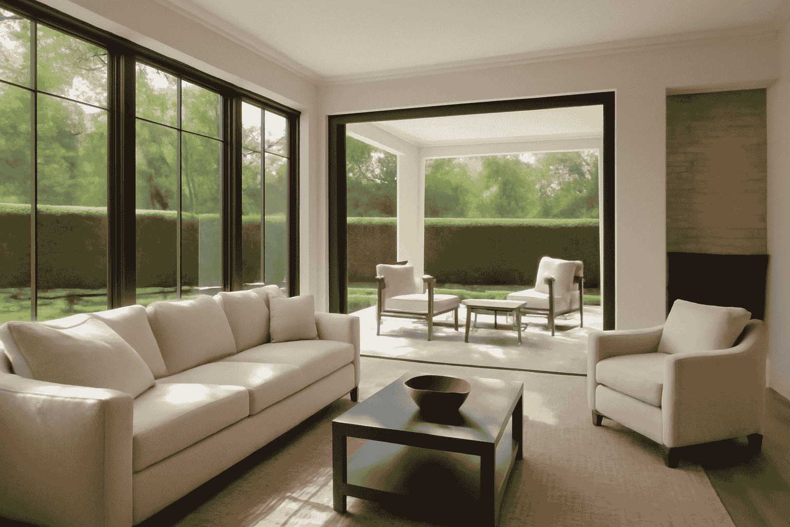 Modern design with large windows, living room, beige tones, lush greenery, coffee table