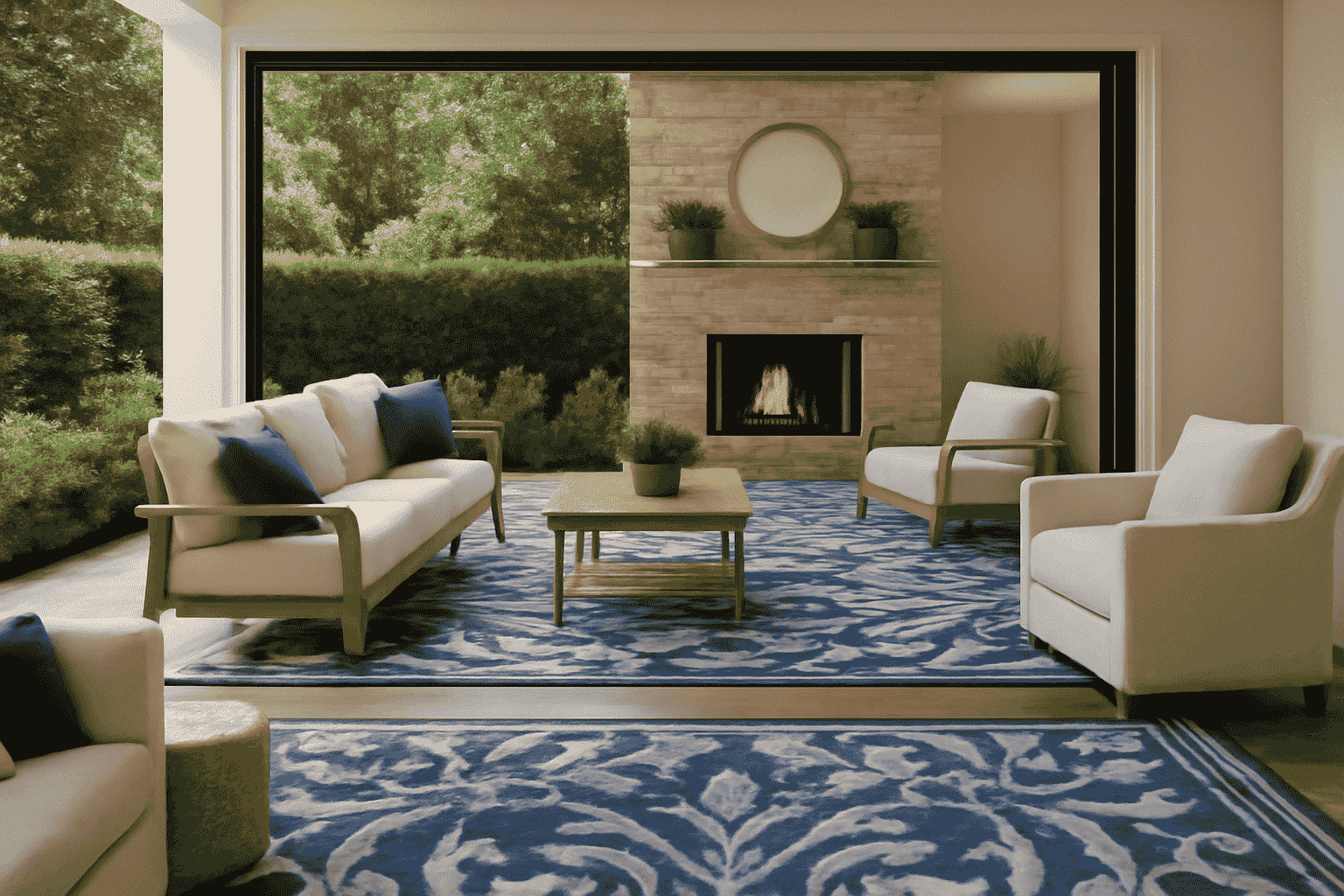 Modern design with geometric rug, living room, blue and cream tones, stone fireplace
