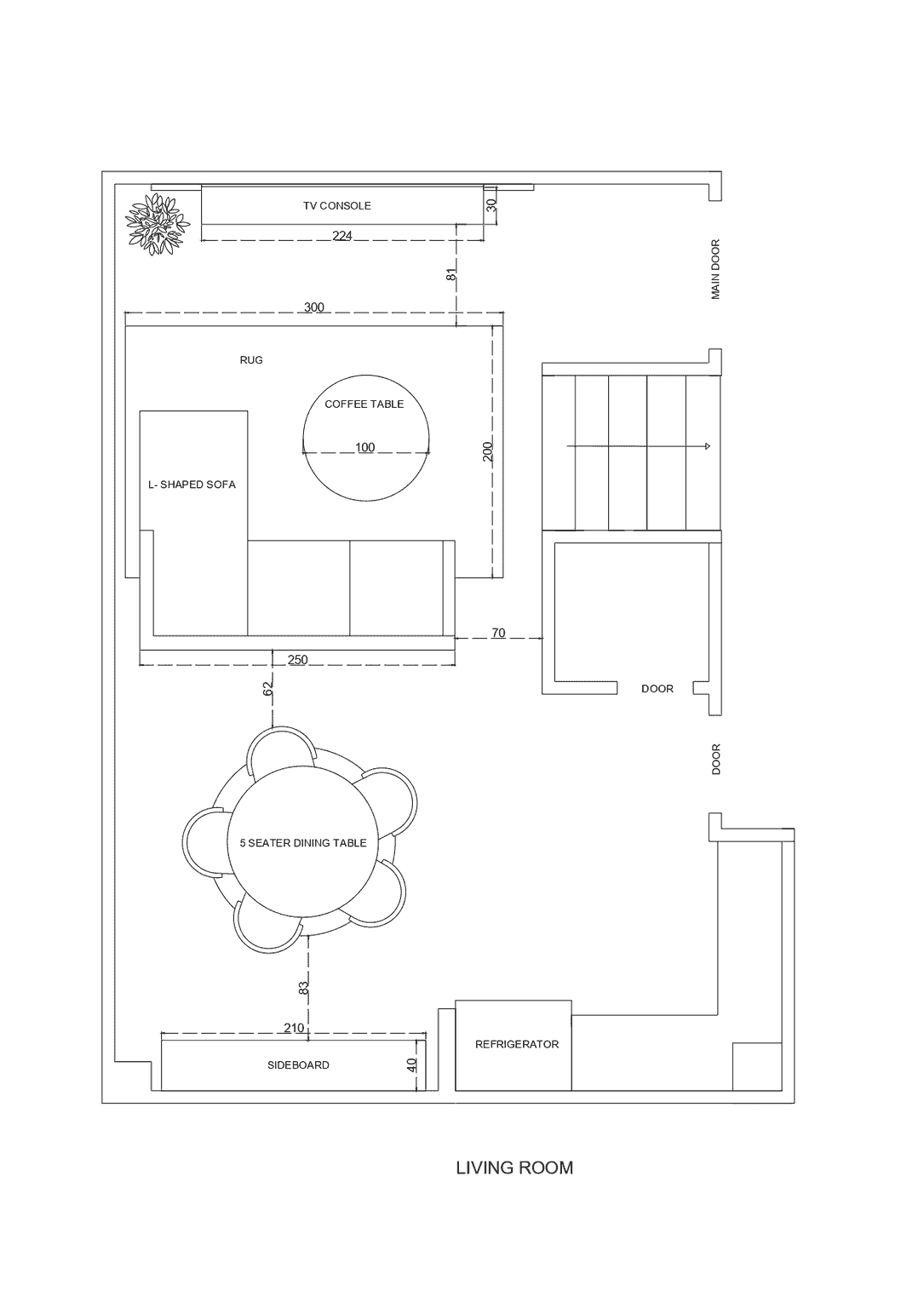 The blueprint showcases a functional and cosy living room design featuring a round coffee table and an L-shaped sofa