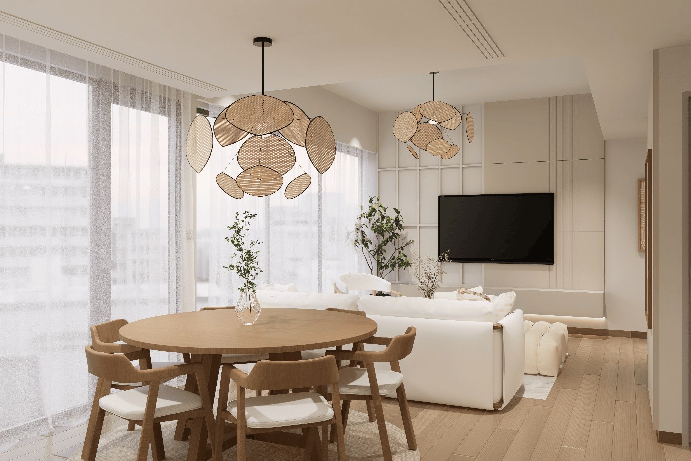 The design type is modern, with a living room featuring neutral tones, highlighted by stylish wooden furniture and pendant lighting.