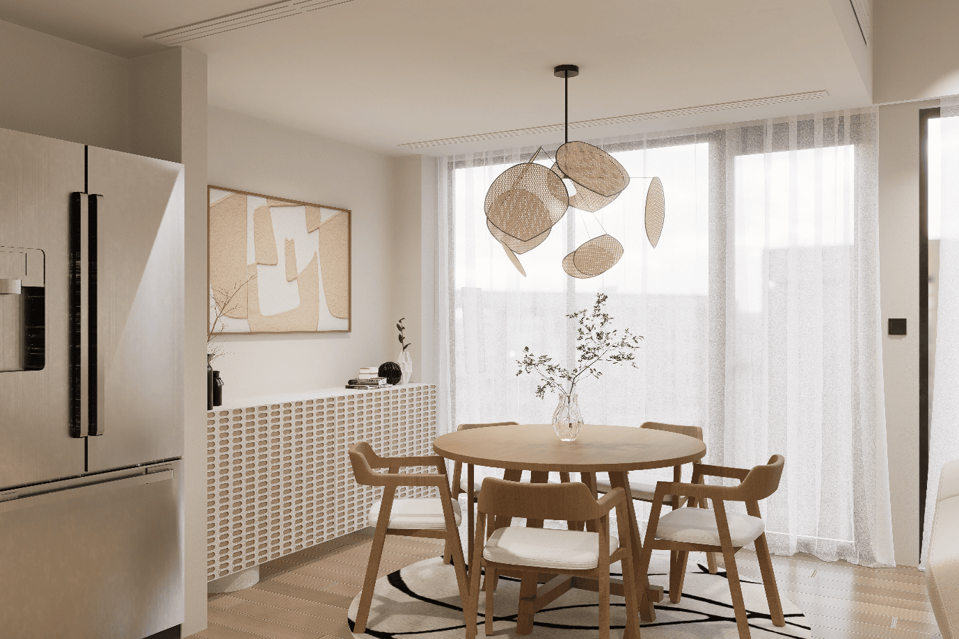 The design type is modern minimalism, with a focus on lighting featuring stylish pendant lamps that add warmth and elegance to the living room's 