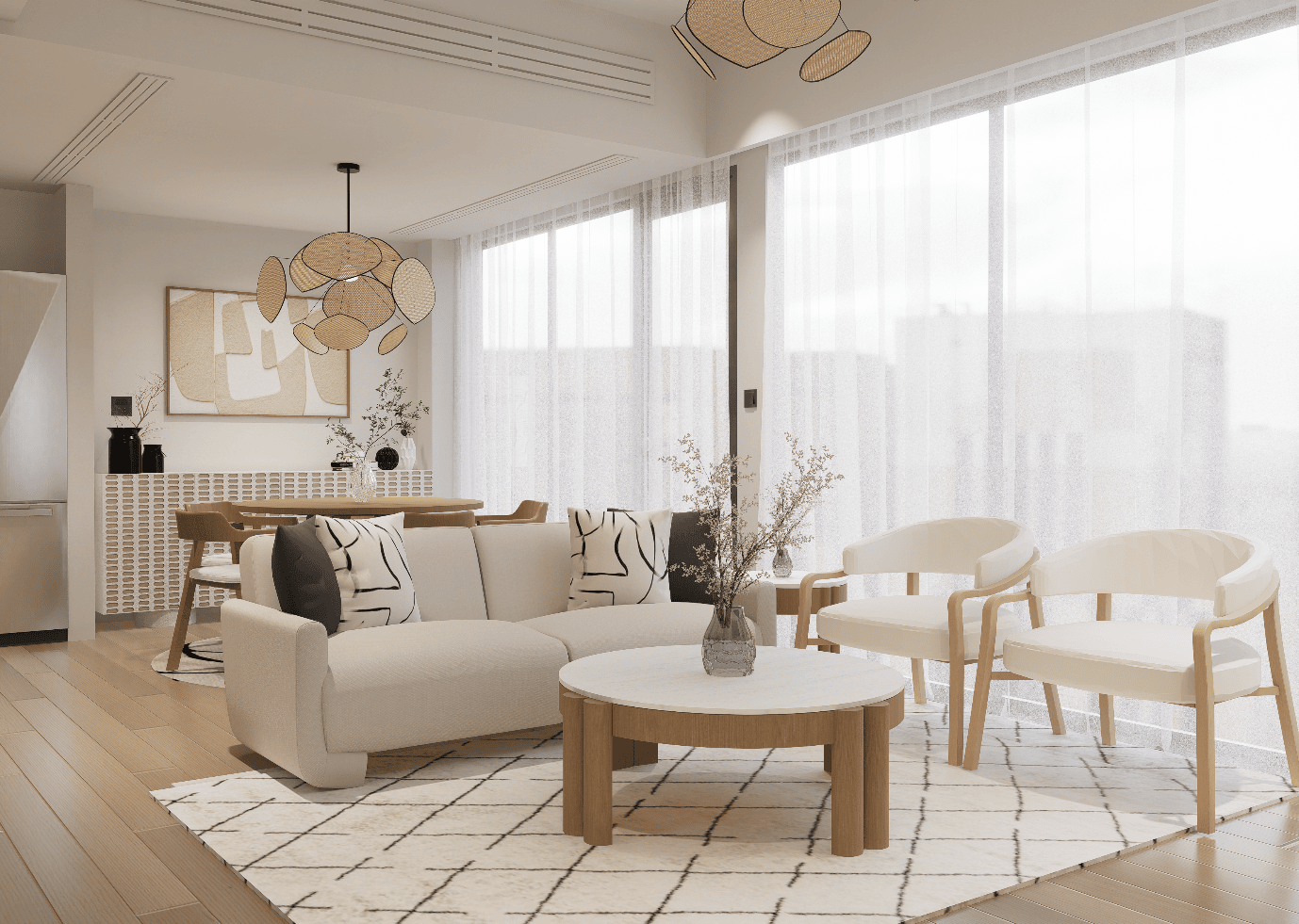 The design type is modern minimalism, focusing on textures and materials, with soft fabric cushions, wooden furniture, and a plush rug adding warmth to the space.
