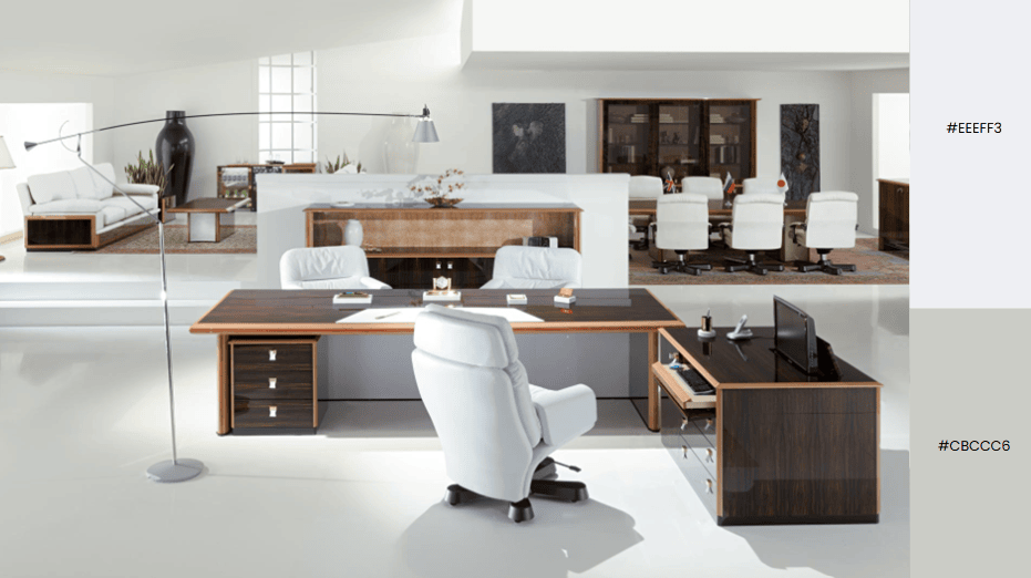 Elegant office with wooden furniture, white chairs, and a stylish arc lamp