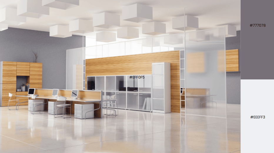 Contemporary office with wooden furniture, white walls, and minimalistic glass partitions