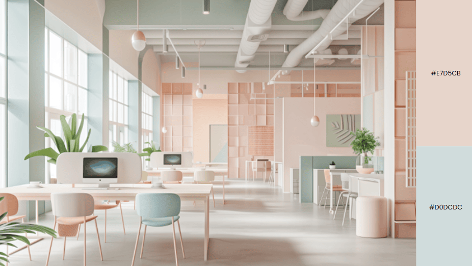 Bright, modern office with pastel furniture, light walls, and greenery accents