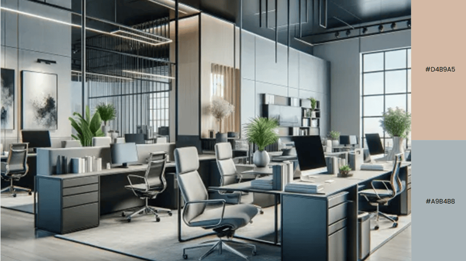 Modern office with sleek black desks, ergonomic chairs, and plant accents