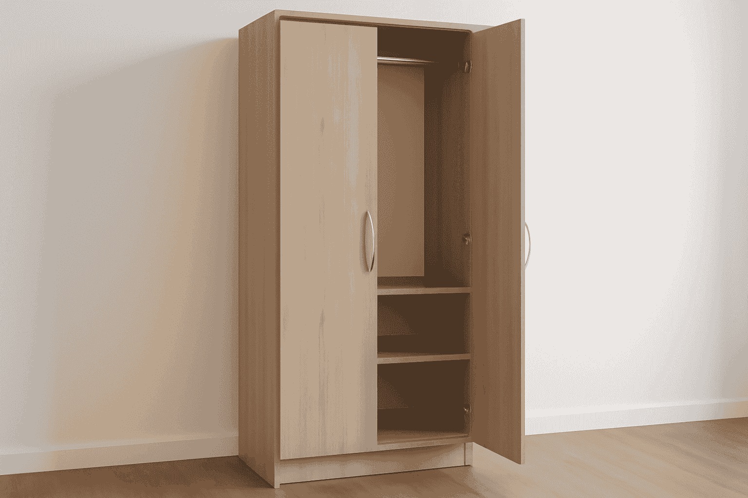 Compact wooden wardrobe in bedroom, light oak, metal hanging rod highlighted