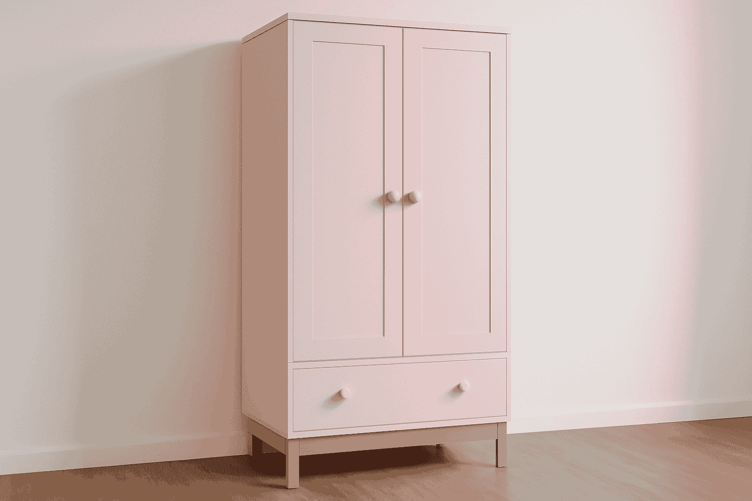 Playful pink kids wardrobe in nursery, rounded handles, wooden base highlighted