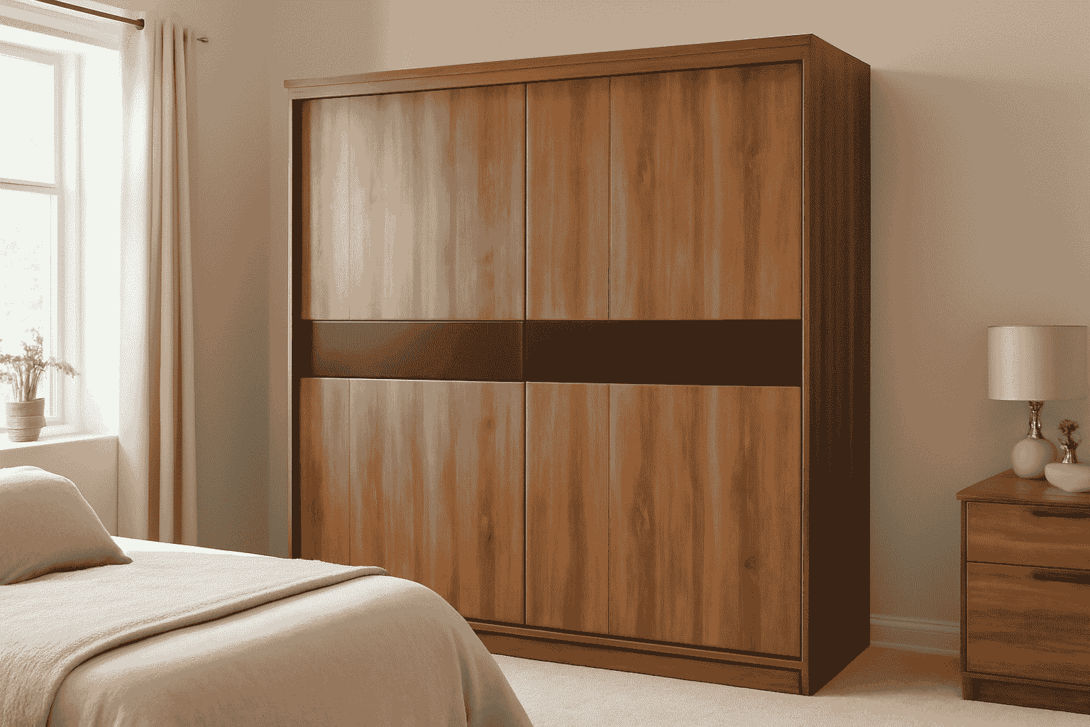 Modern wooden sliding wardrobe in bedroom with warm tones and black strip