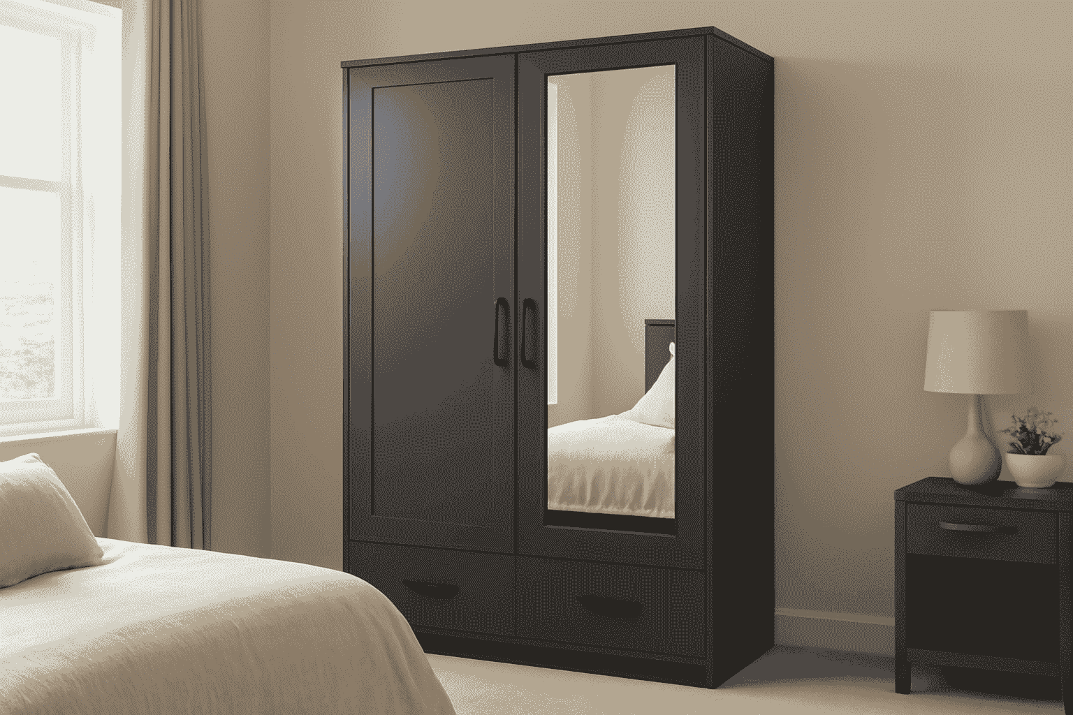 Sleek dark Reflecta wardrobe in bedroom with mirror and minimalist handles