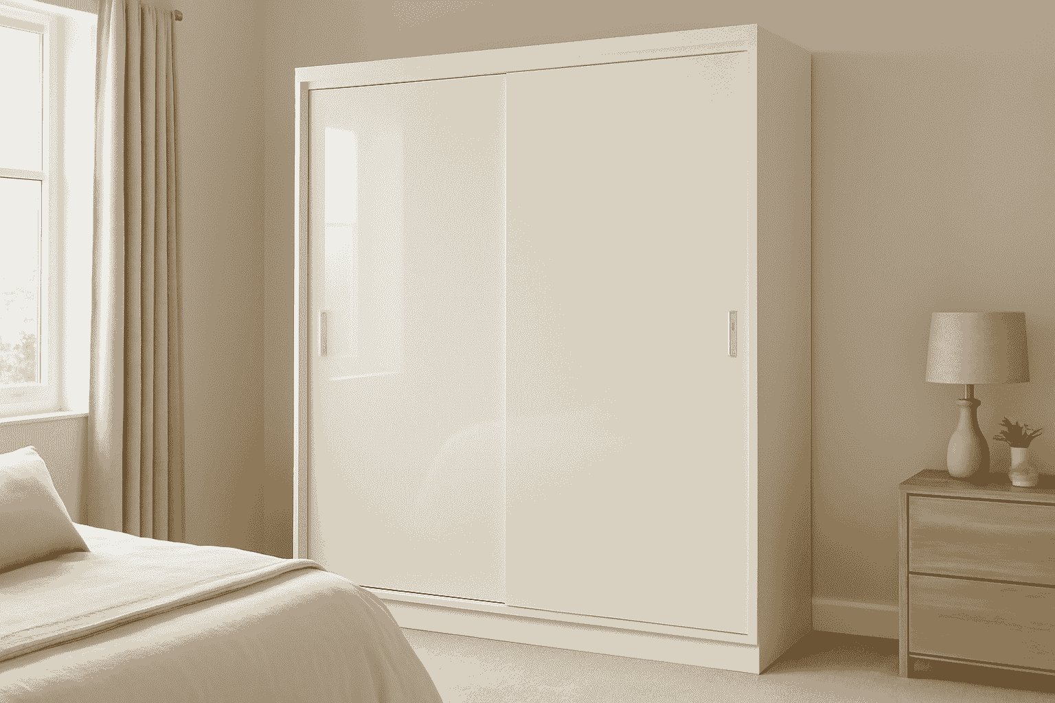 Minimalist ivory sliding wardrobe in bedroom with glossy finish and smooth doors