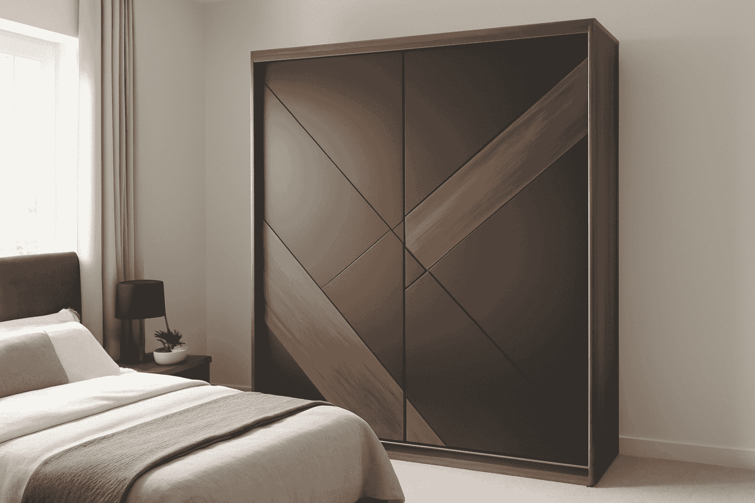 Geometric 2-door sliding wardrobe in bedroom with grey, wood tones, modern