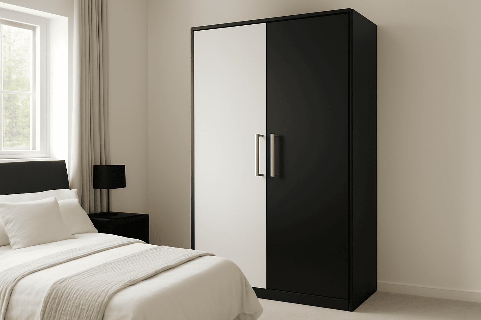Modern 2-door wardrobe in bedroom with black and white panels, large handle