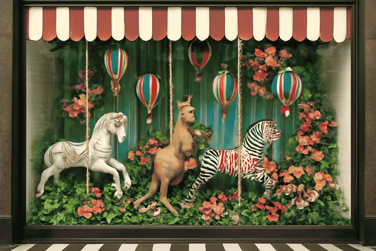Carnival-themed storefront display, vintage carousel animals, vibrant flowers, turquoise backdrop, bold black-and-white striped floor