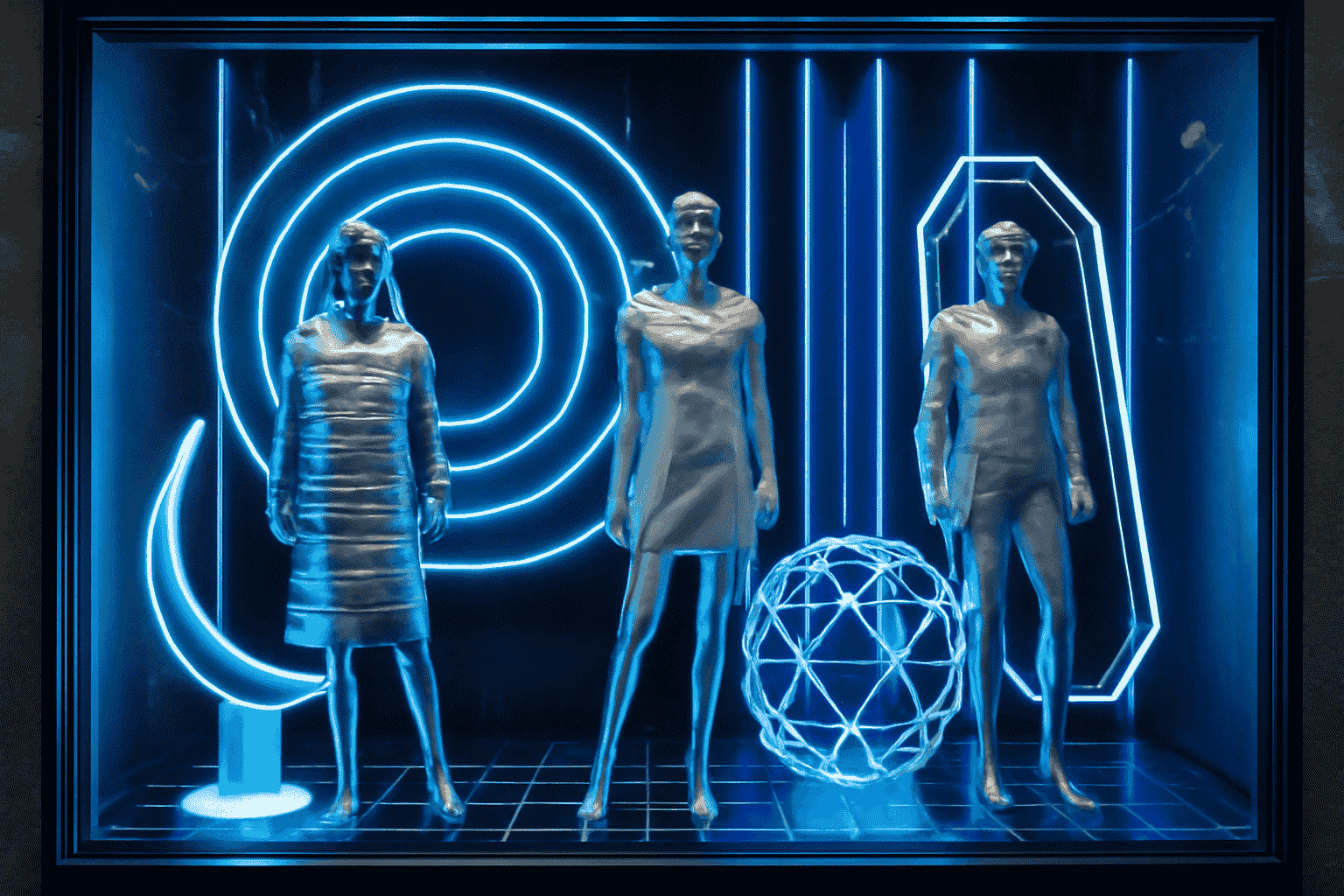 Futuristic fashion window display, metallic mannequins, glowing neon circles, cool blues and silvers.