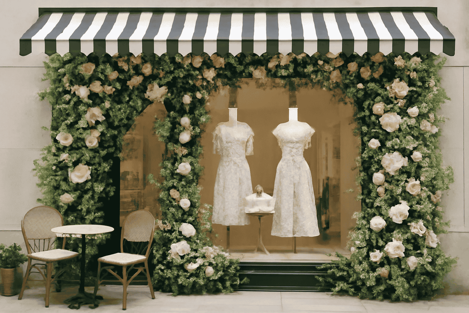 A charming floral boutique window display with soft beige walls, green floral arches, and a black-and-white striped awning