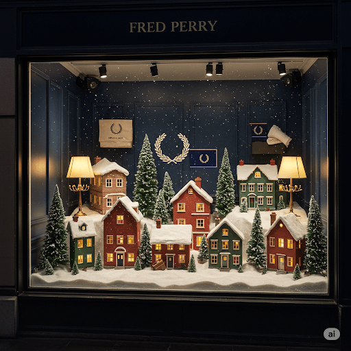 Fred Perry holiday-themed storefront display, miniature snow-covered village with lit houses, pine trees, elegant table lamps, dark blue backdrop, festive winter ambiance