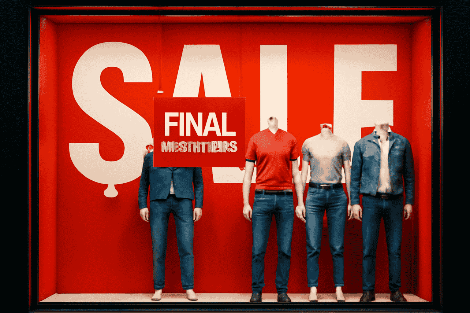 Bold sales window display with red and white colors, featuring mannequins in casual denim outfits.