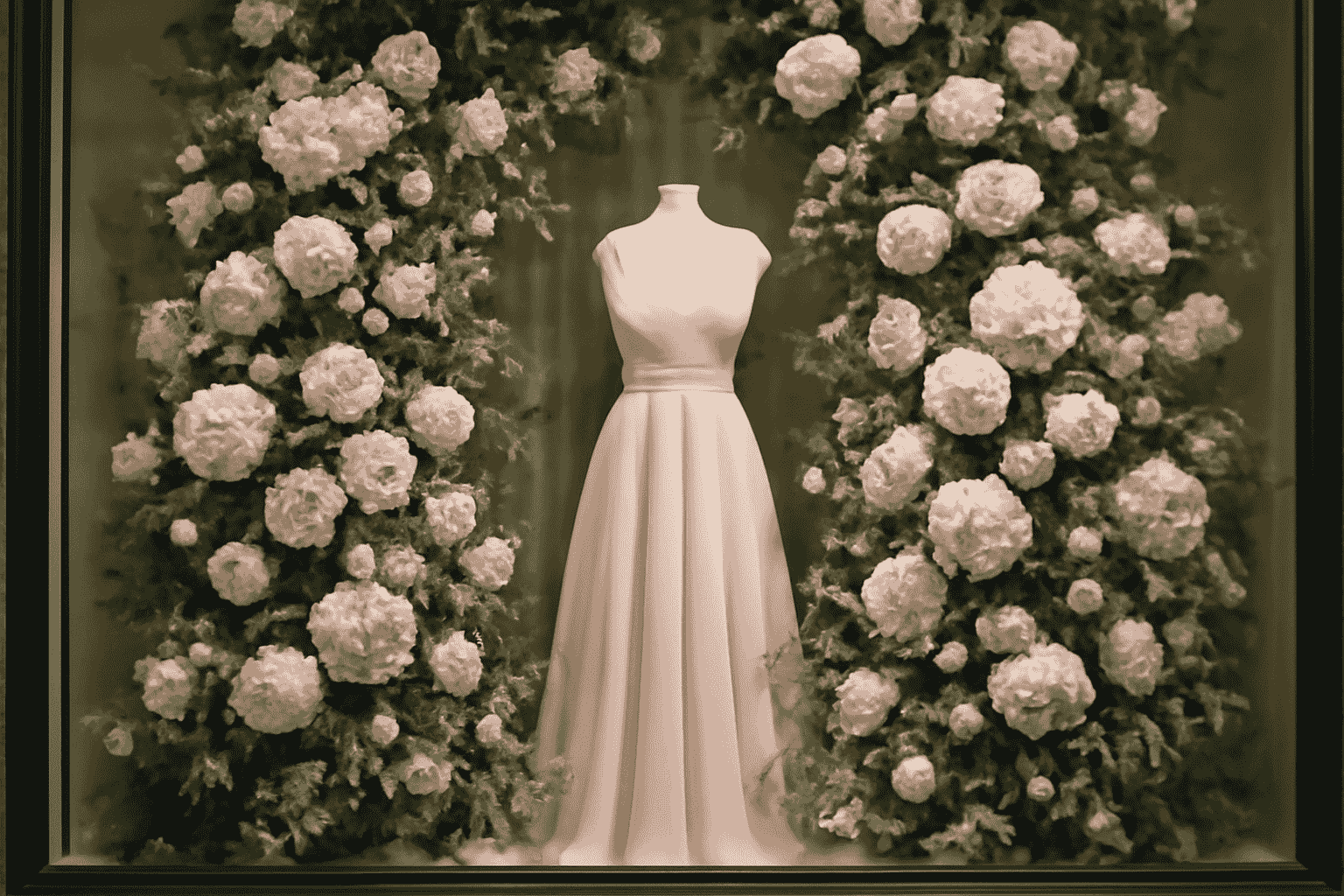 Floral elegance window display, blush gown, soft pinks and whites, floral backdrop