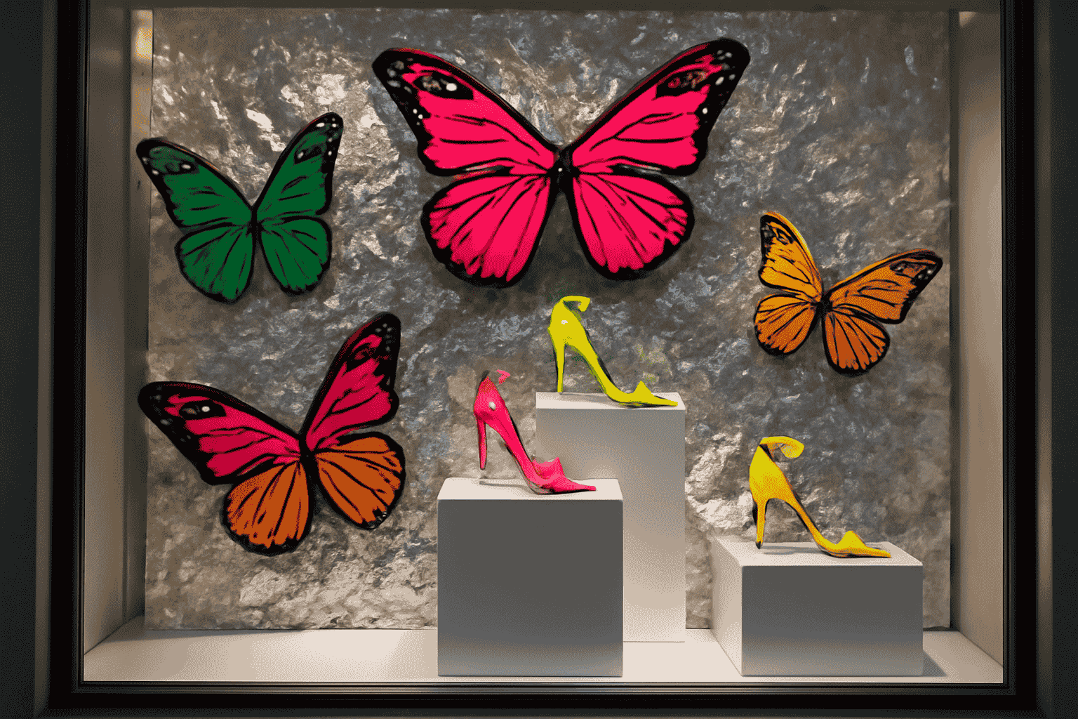 Whimsical butterfly-themed window display, showcasing neon shoes, metallic silver wall, vibrant butterfly accents.