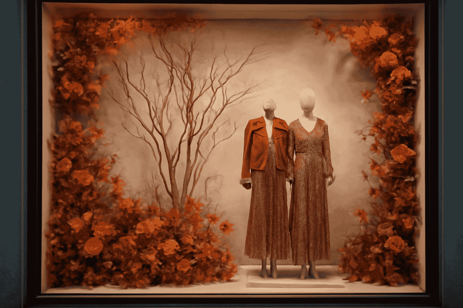 Boho autumn-inspired window display, featuring rich red and orange tones, floral accents.