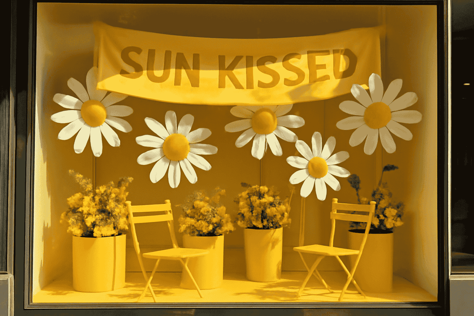 "Sun Kissed" display with oversized daisies, yellow planters, chairs, and cheerful banner