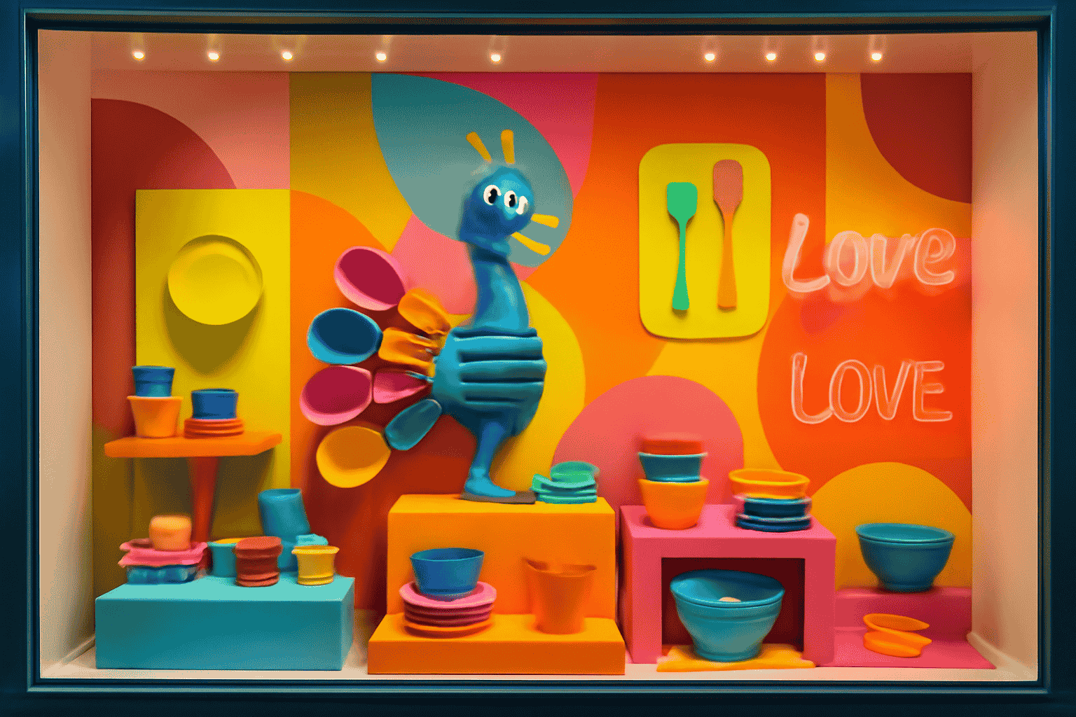 Whimsical store window design, peacock made of plastic cups, vibrant kitchenware, neon accents