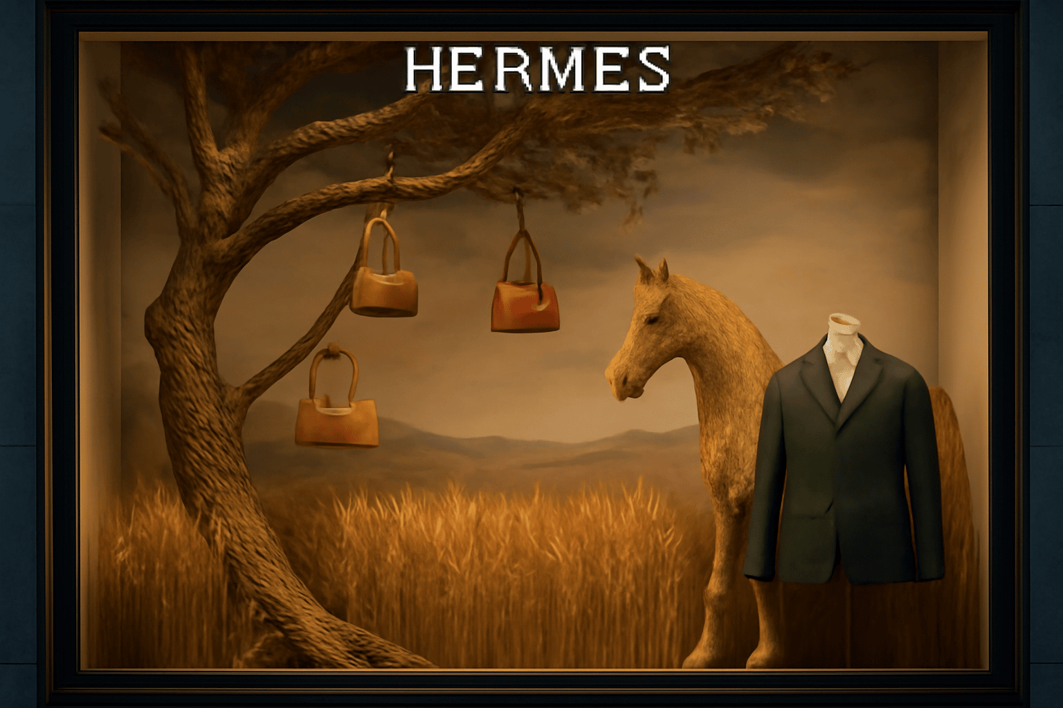 Nature-inspired Hermes window display, woven tree, golden grass, earthy tones, horse sculpture, handbags.