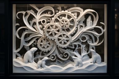 Intricate paper art, mechanical gears, white polar bears, metallic accents, whimsical window display