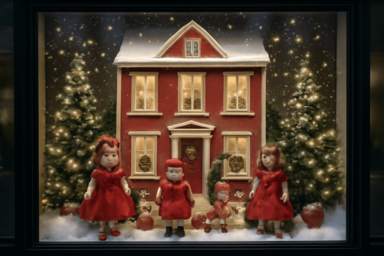 Festive dollhouse, Christmas theme, red, gold, white, with snow, lights, and dolls.