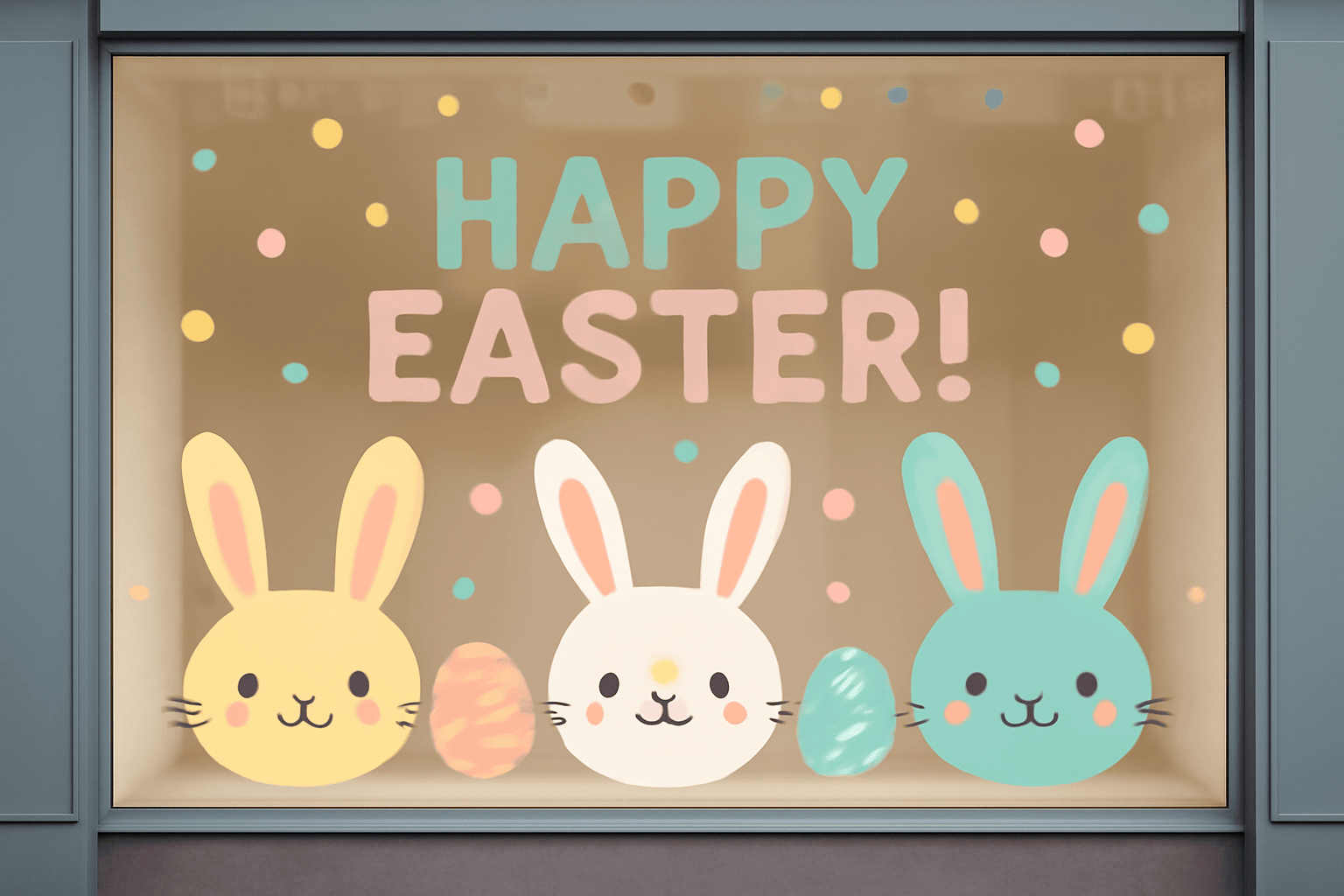 Playful Easter window display with pastel colors, featuring bunny faces and "Happy Easter!"