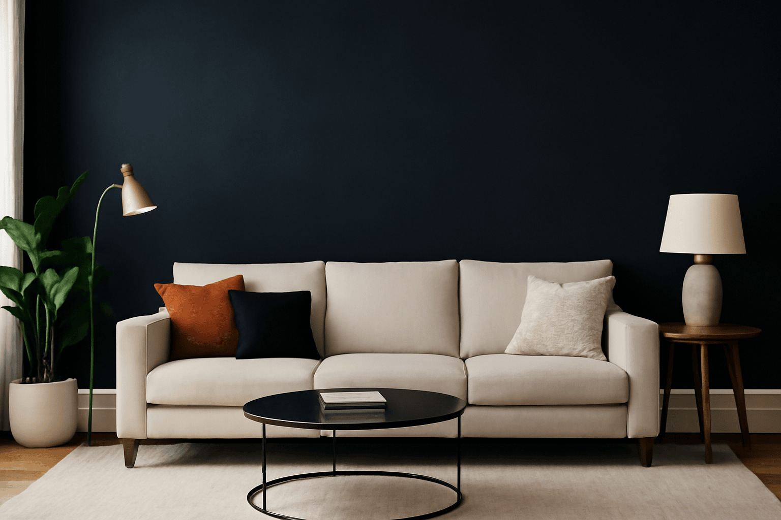 Modern living room design with navy blue walls, beige sofa, brass accents, and potted plant