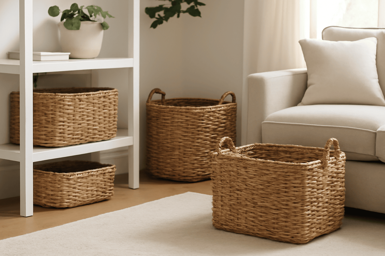 A modern living room design featuring woven baskets, neutral tones, and a ceramic vase as the highlight
