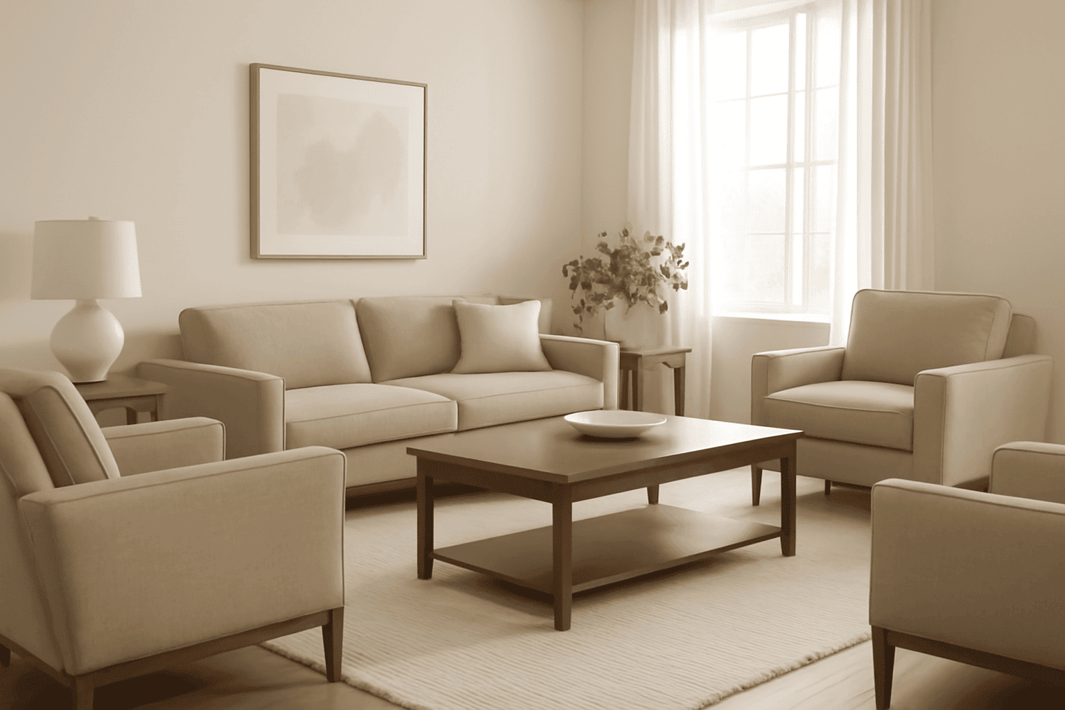 Modern living room design with matching furniture, beige tones, and minimalist decor