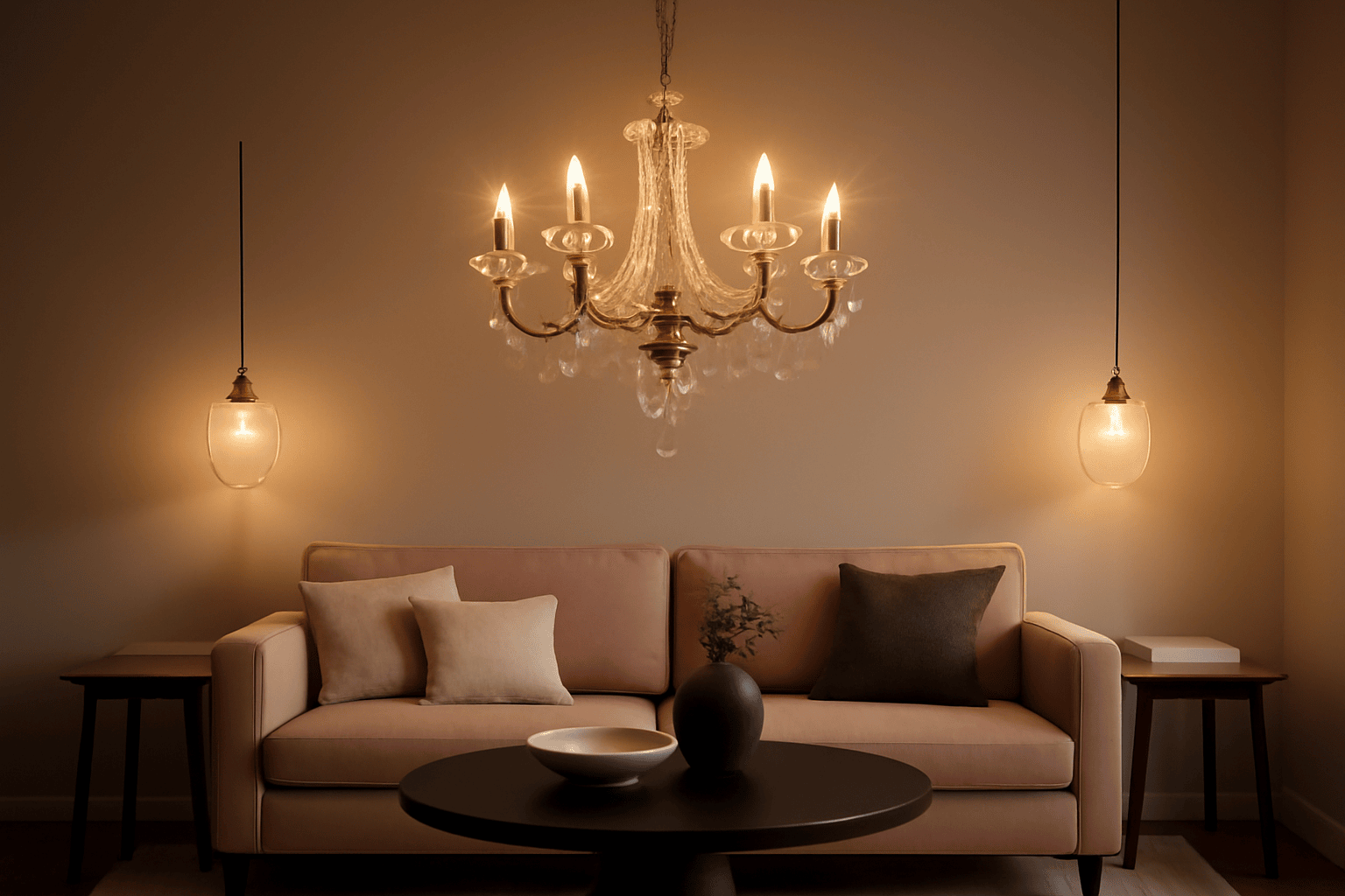 The design features a contemporary living room with a crystal chandelier, pendant lamps, blush sofa, and black table