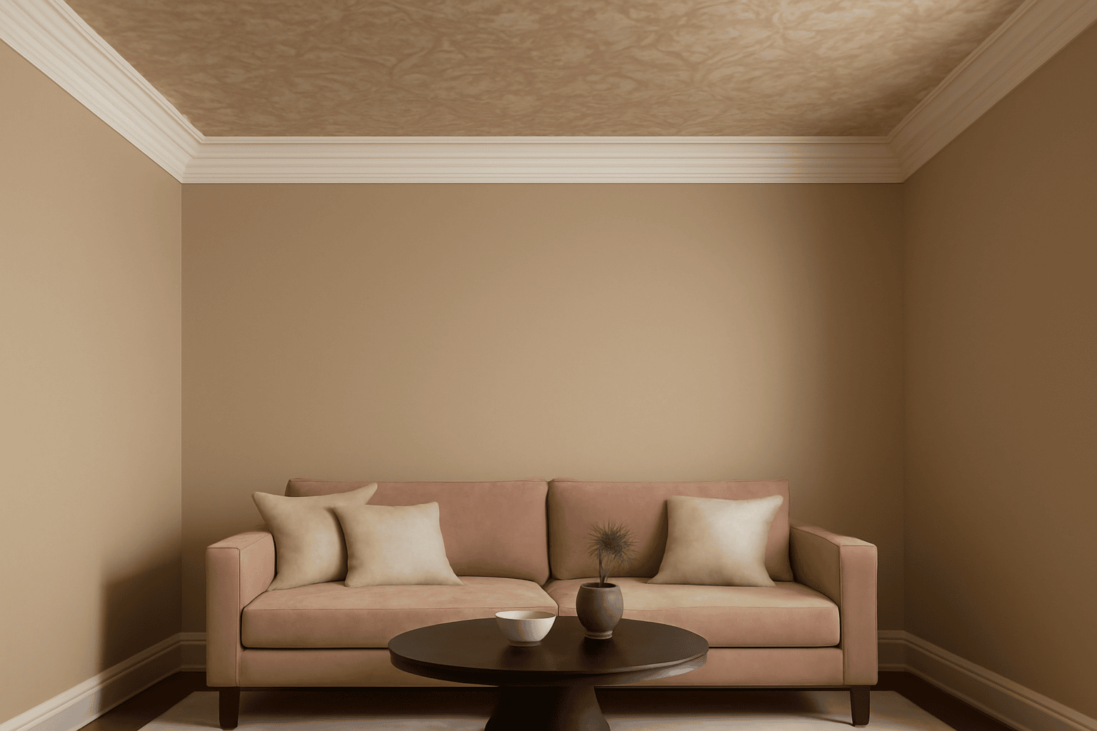 The design features a refined living room with soft neutral tones, crown molding, and a patterned ceiling