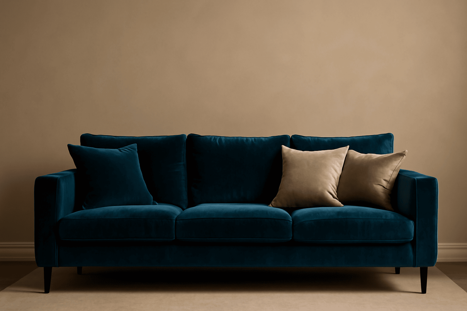 The design features a luxurious living room with a deep teal velvet sofa, beige walls, and soft, rich cushions