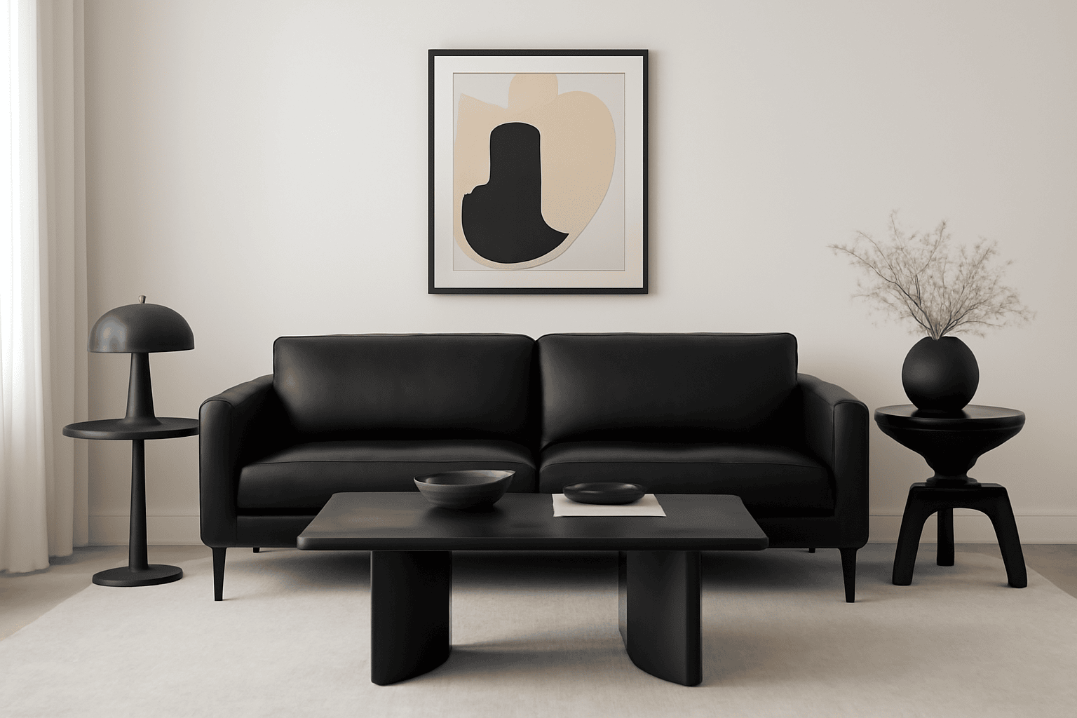 Modern design, black furniture, living room, black sofa, side tables, neutral tones, abstract artwork