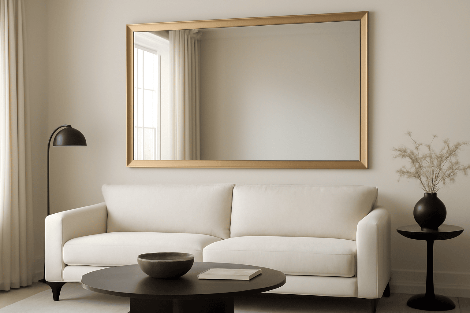 Elegant design, big mirror, living room, gold frame, off-white sofa, natural light