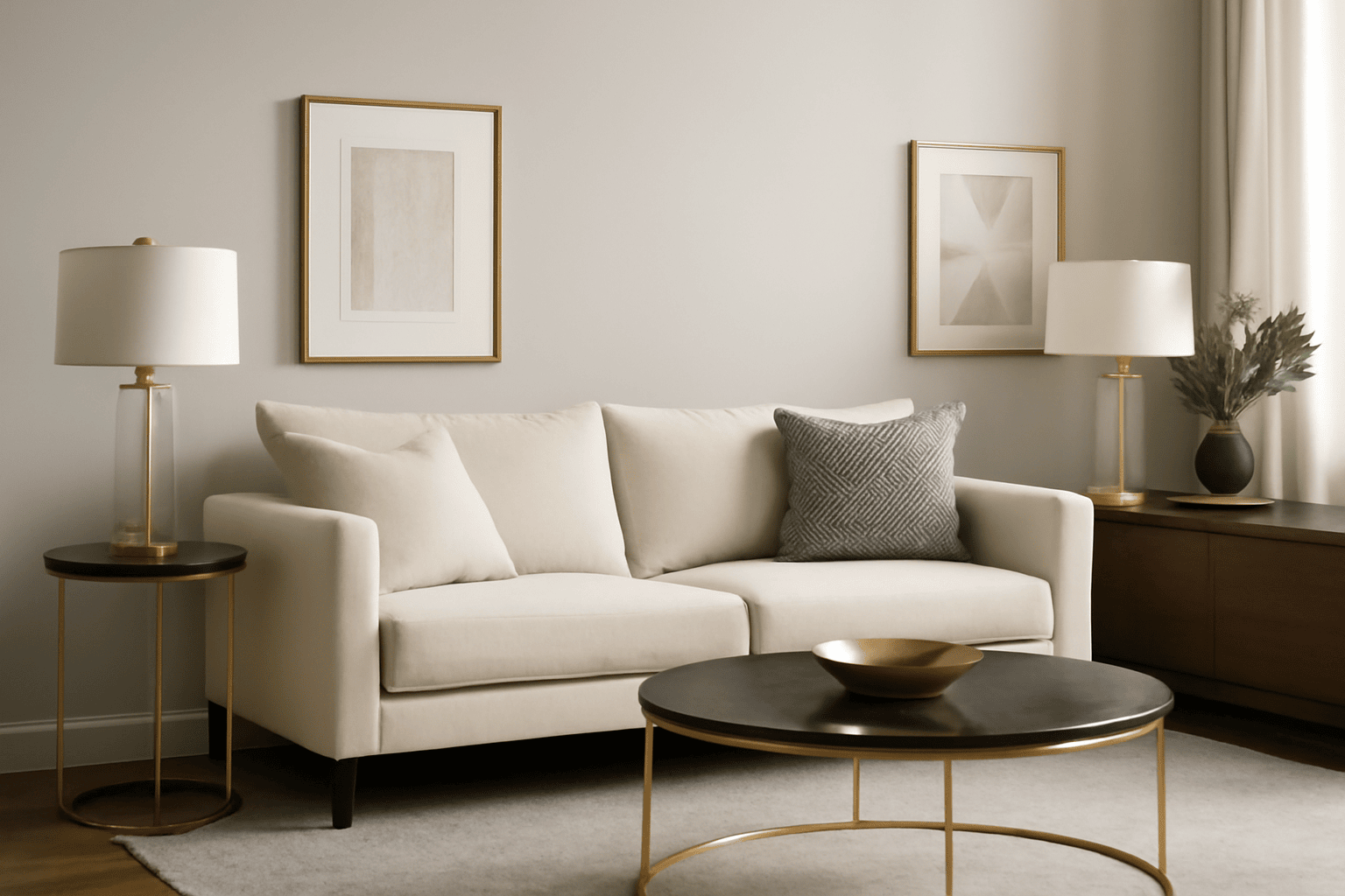 Modern living room design with cream sofa, gold accents, black marble table, neutral tones, and gold-framed lamps