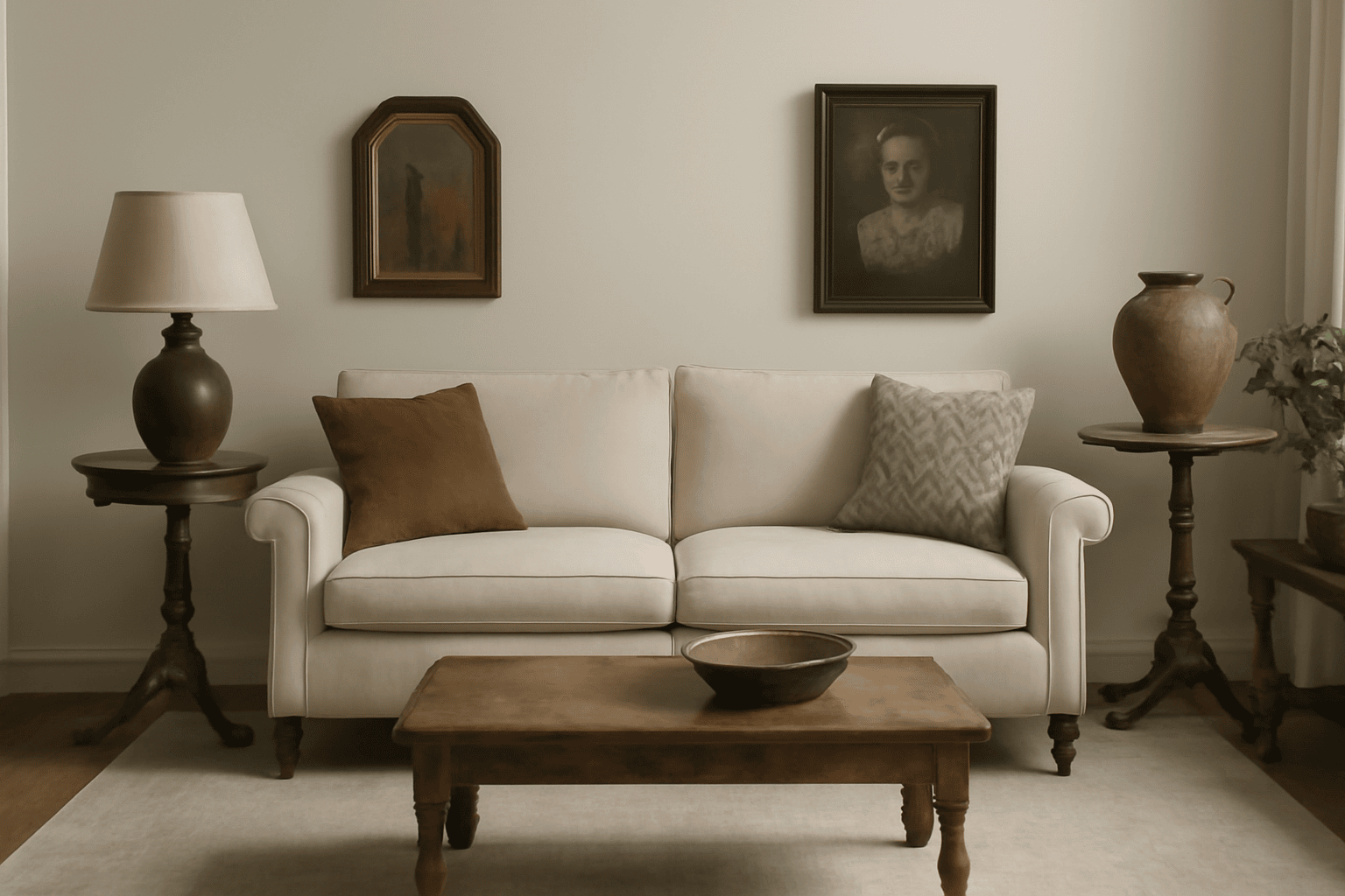 Vintage-inspired living room with beige sofa, antique wooden furniture, brown pillows, and vintage art