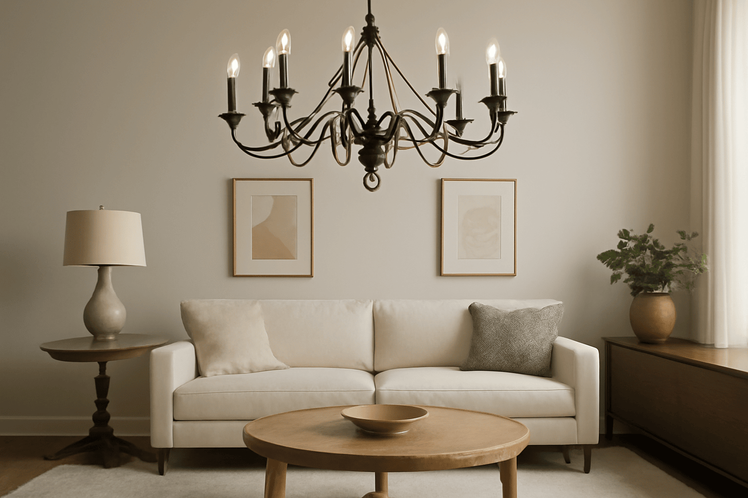 Modern living room with beige sofa, black chandelier, wooden table, and minimalist artwork