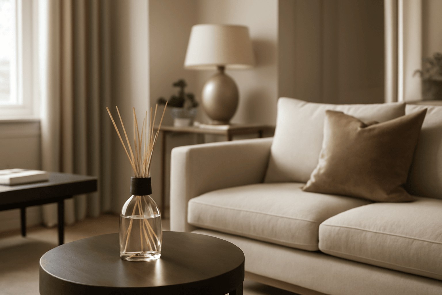 Modern design with neutral tones in a living room, featuring a reed diffuser as a highlighted accessory
