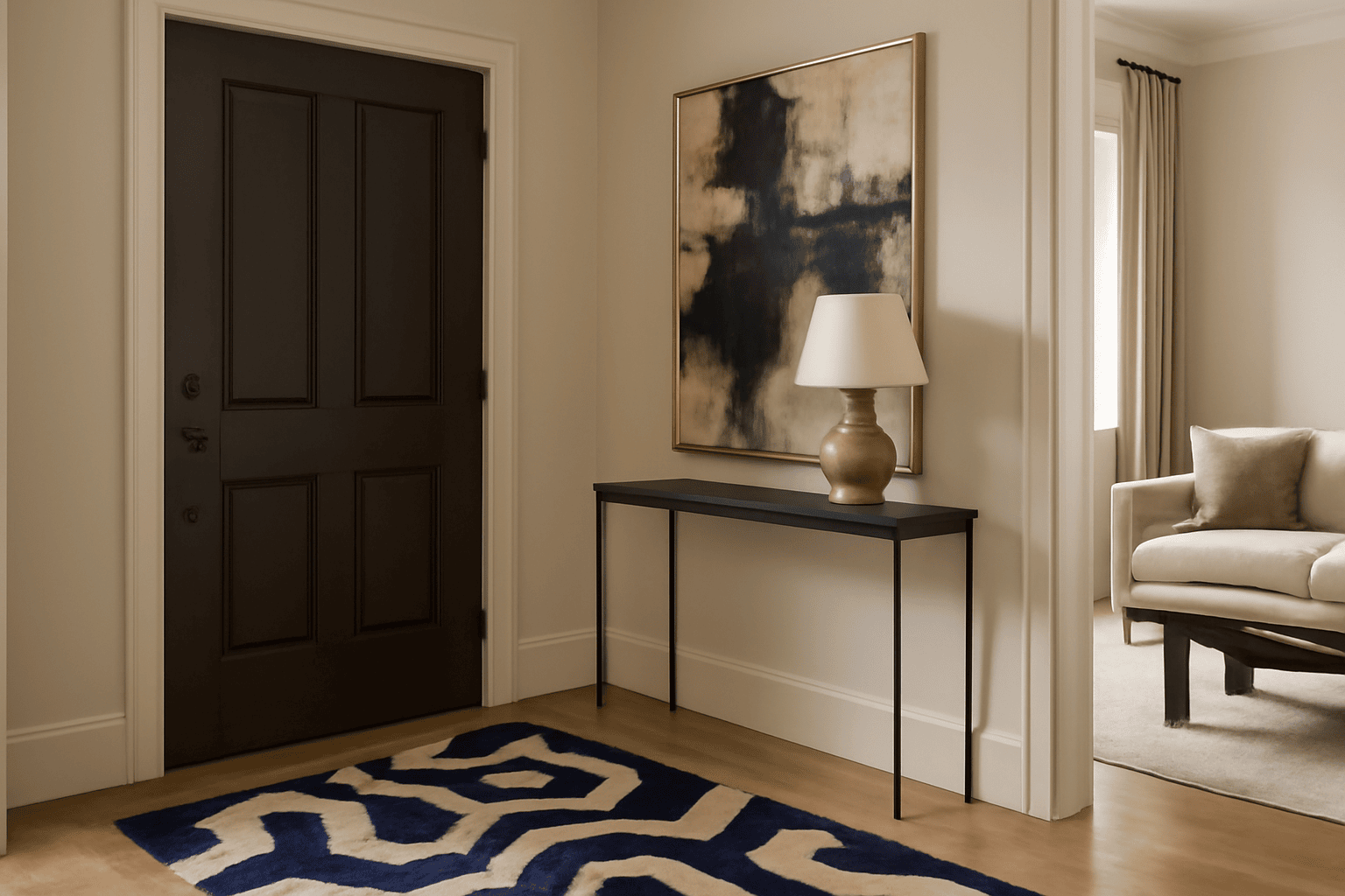 Modern design, statement rug, entryway, navy and beige, abstract art