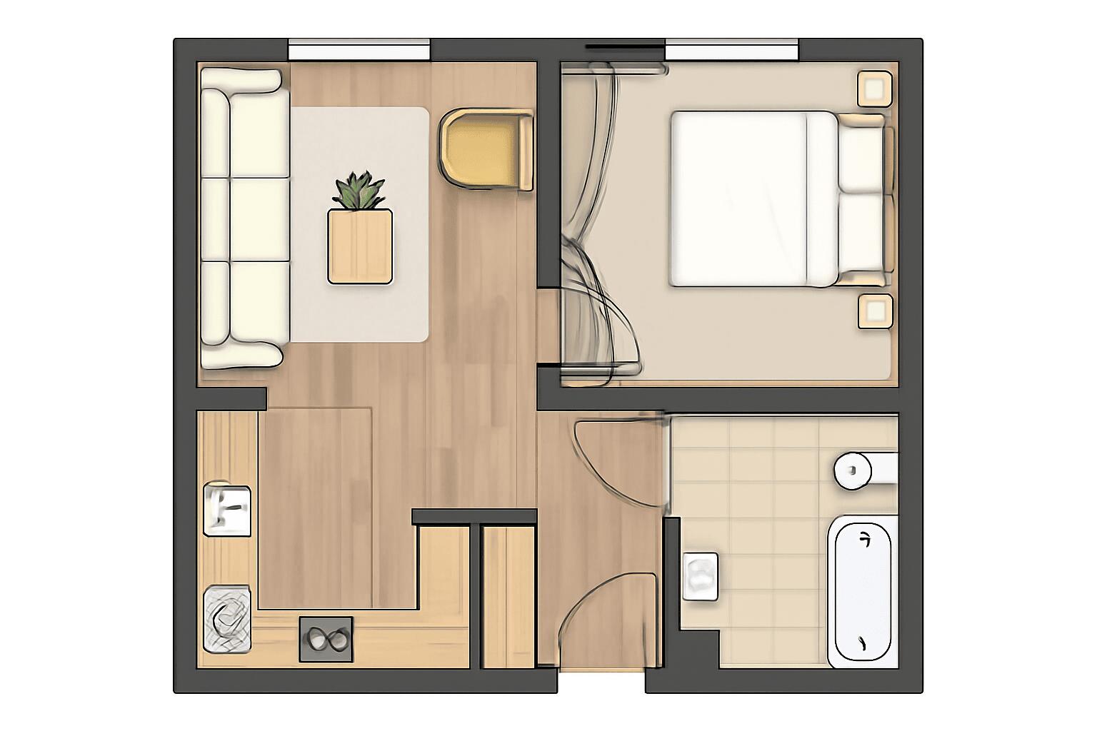 The design is a 2D floor plan of a modern studio apartment with a light palette. featuring a cozy living area and plant.
